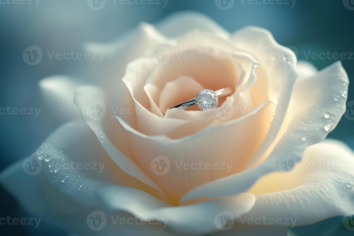 Diamond engagement ring resting inside delicate white rose photo
