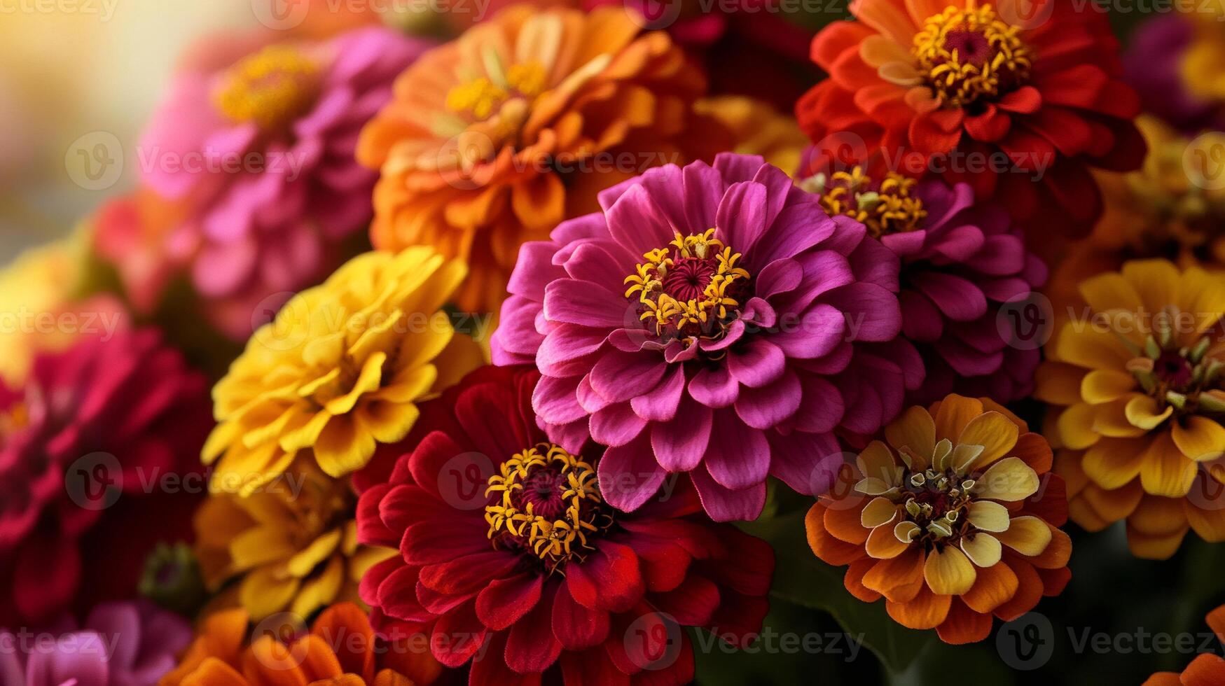 Colorful bouquet of zinnia elegans showing vibrant petals and yellow florets photo