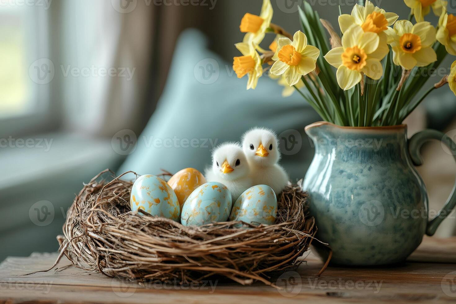 Easter decoration with chicks, eggs and daffodils in a vase on a wooden table photo