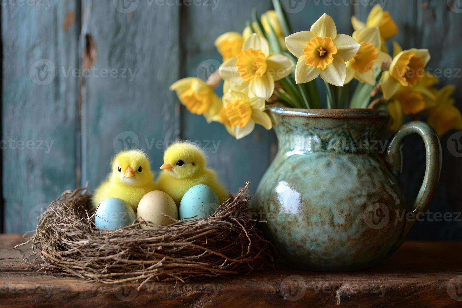 Easter chicks sitting in nest with colorful eggs and daffodils in rustic vase photo