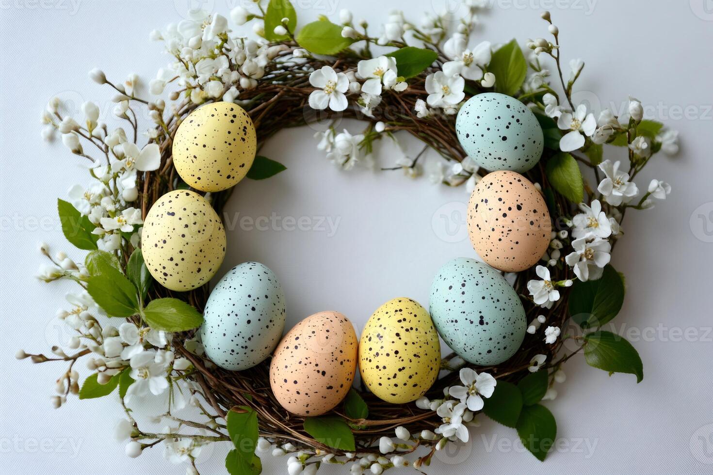 Easter wreath with colorful eggs and spring flowers creating festive atmosphere photo