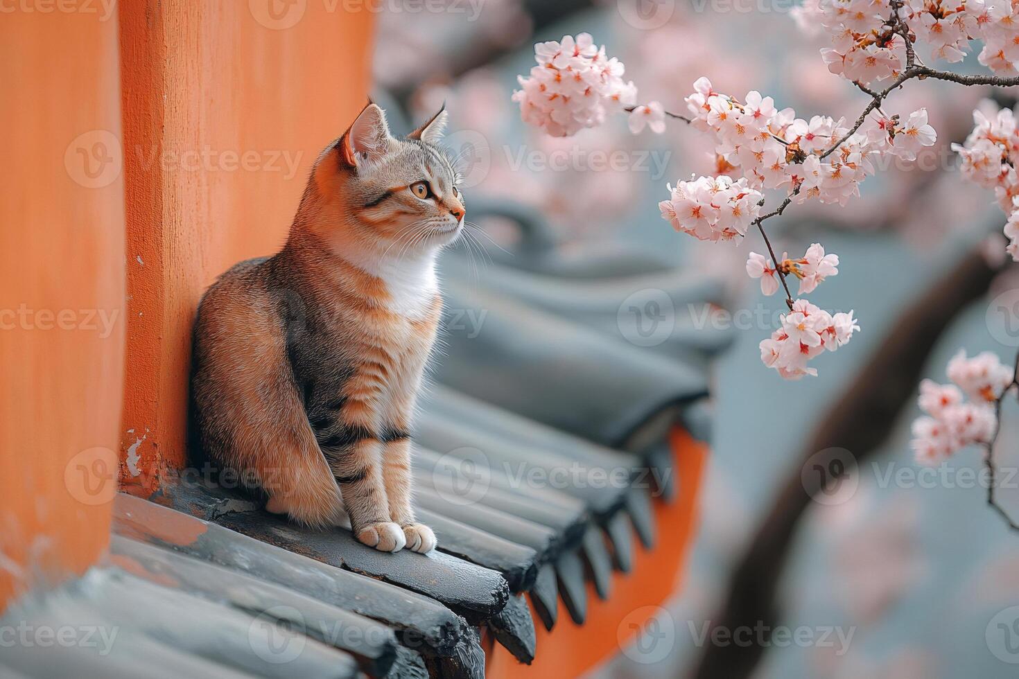 Cat sitting on a roof is looking at cherry blossoms near a red wall photo
