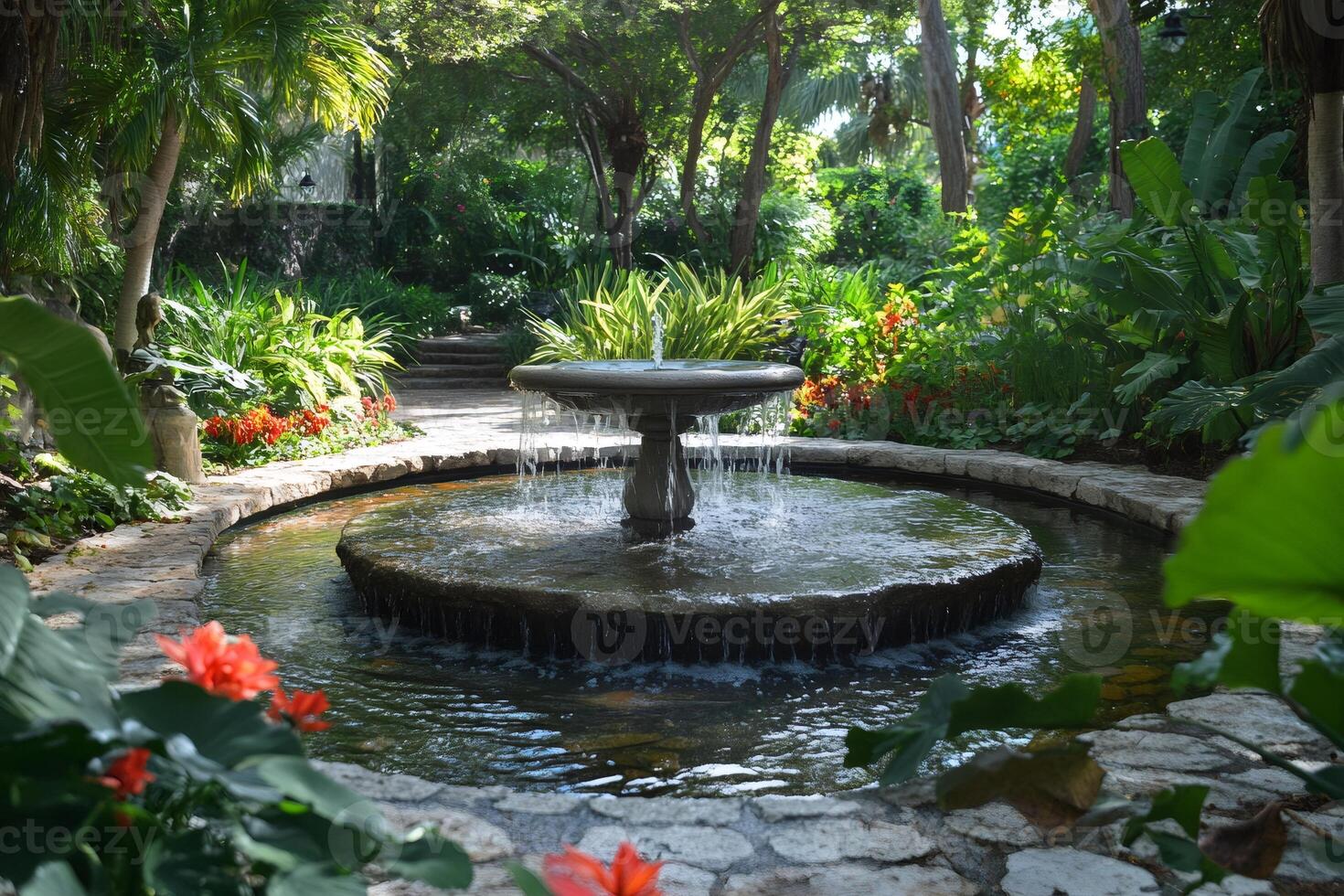 Water fountain surrounded by tropical plants cascading into a pond in a lush garden photo