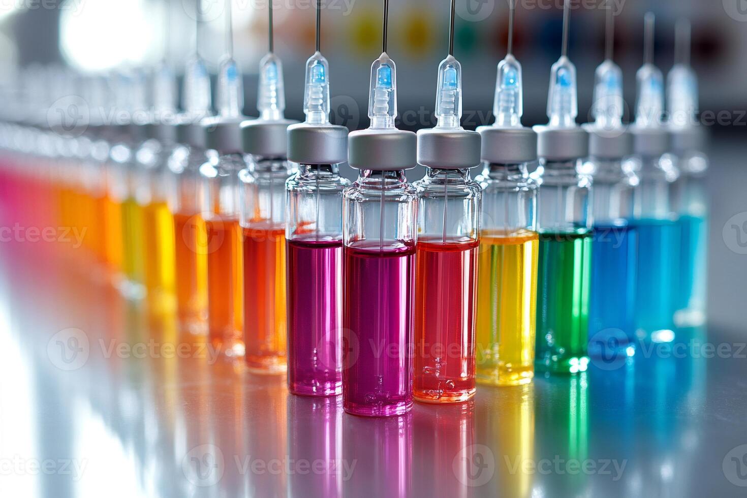 Many colorful vials containing liquid are being filled with syringes in a laboratory photo