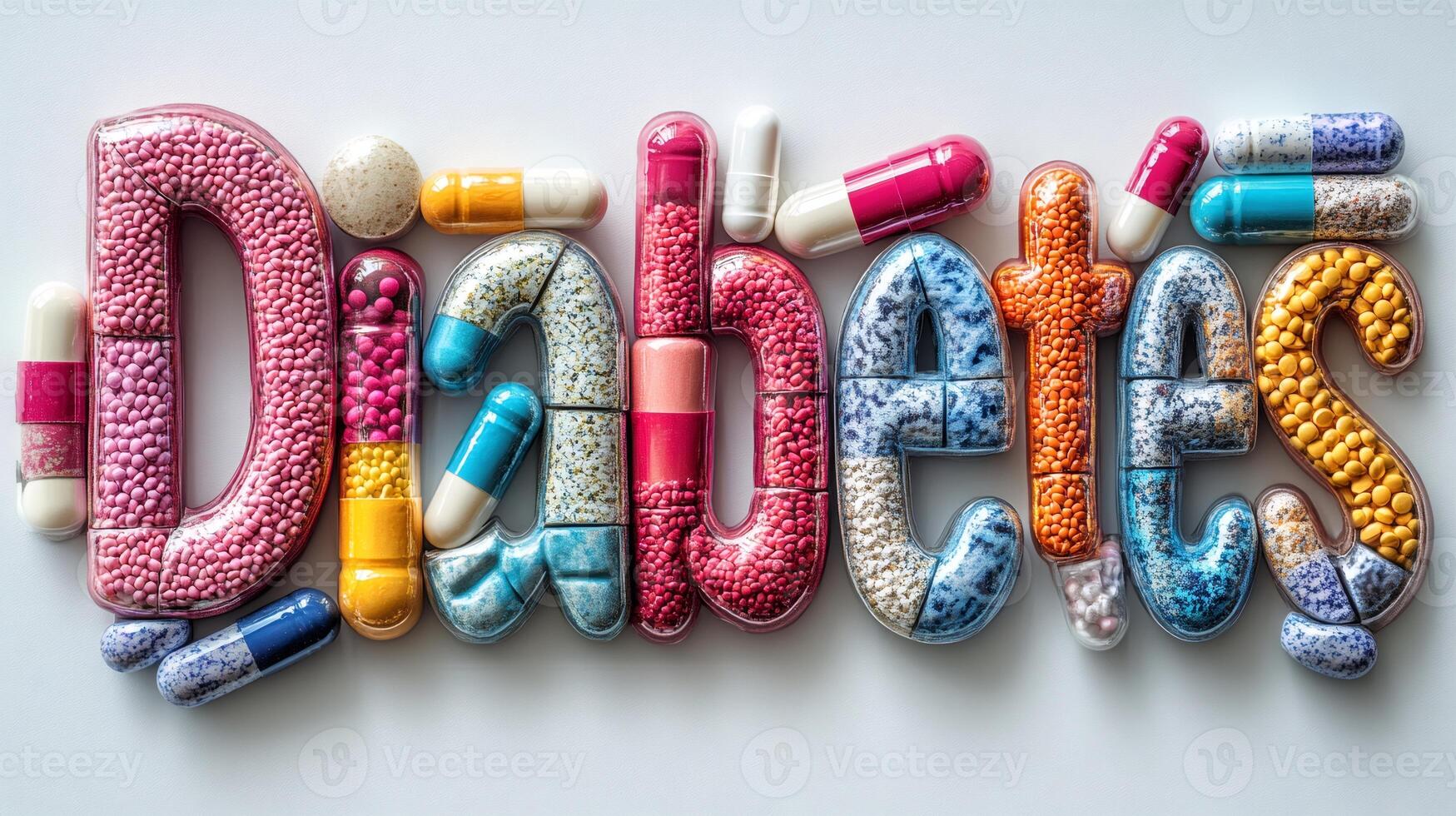 Colorful pills and capsules forming the word diabetes photo
