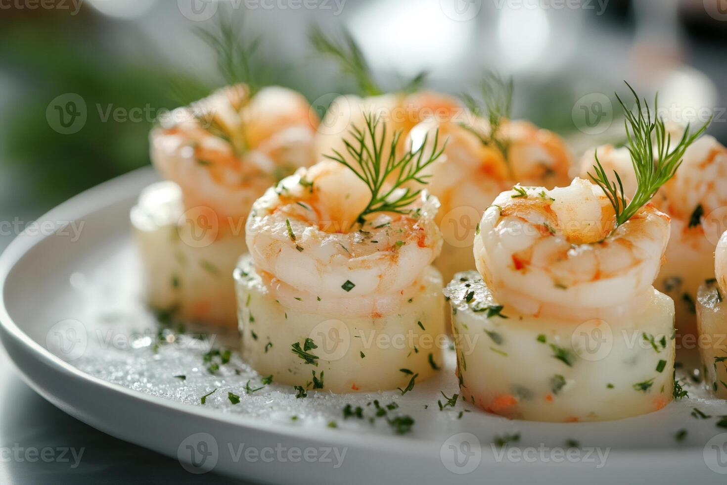 Delicious shrimp appetizers garnished with fresh dill served on a white plate photo