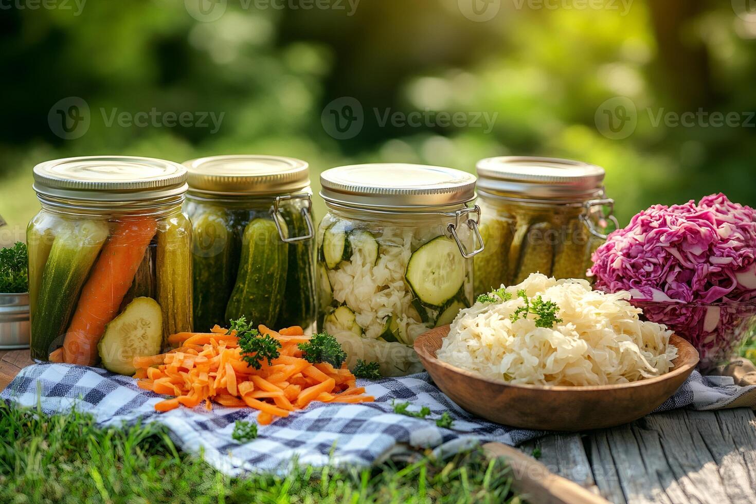 Preserving summer vegetables by pickling and fermenting cucumbers, carrots and cabbage photo