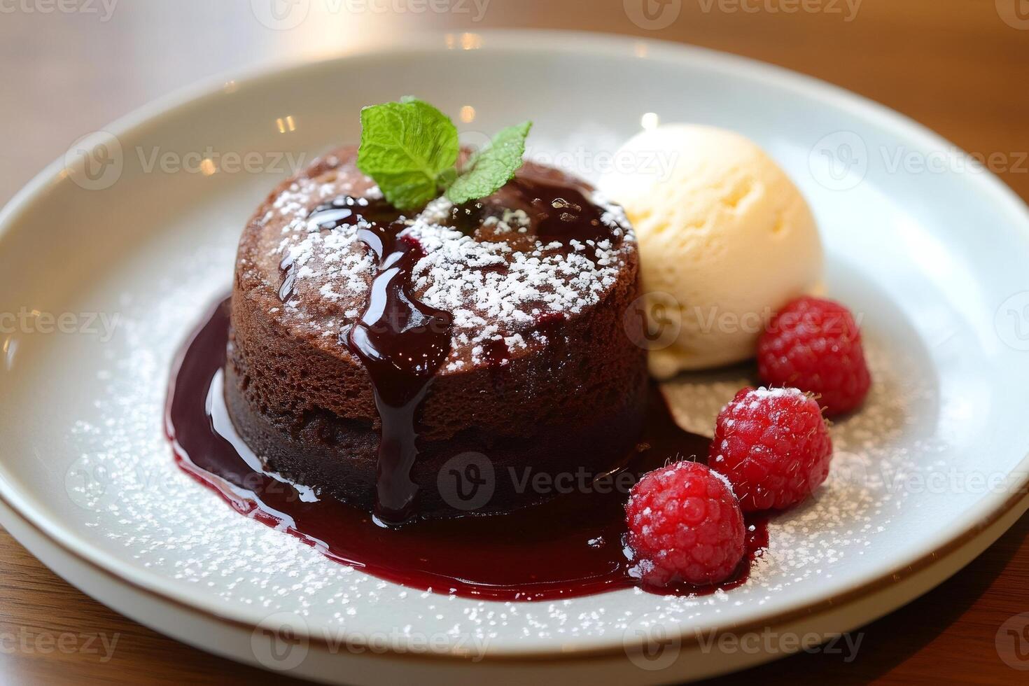 Delicious chocolate lava cake with vanilla ice cream, raspberries and mint on a plate photo