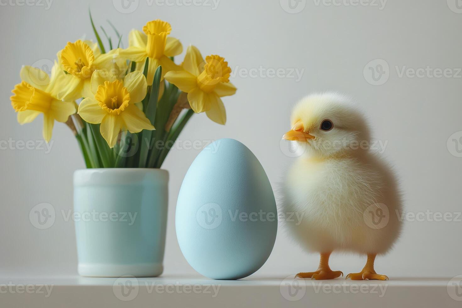 Little chick standing next to blue easter egg and yellow daffodils photo