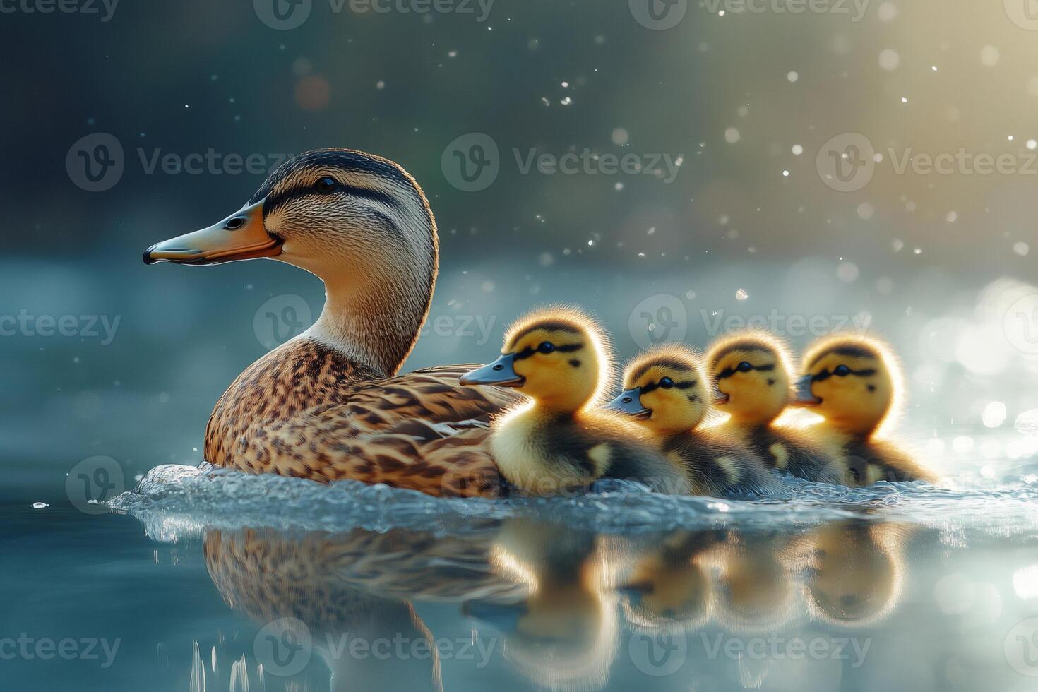 Mother duck swimming with ducklings on lake in spring photo