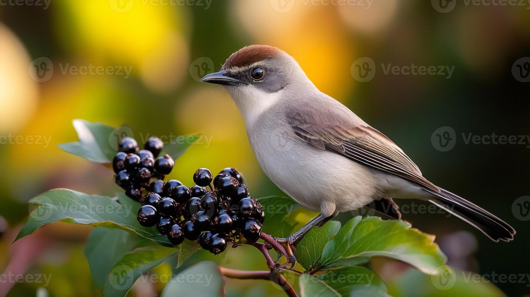 Eurasian blackcap perched on a branch with berries photo