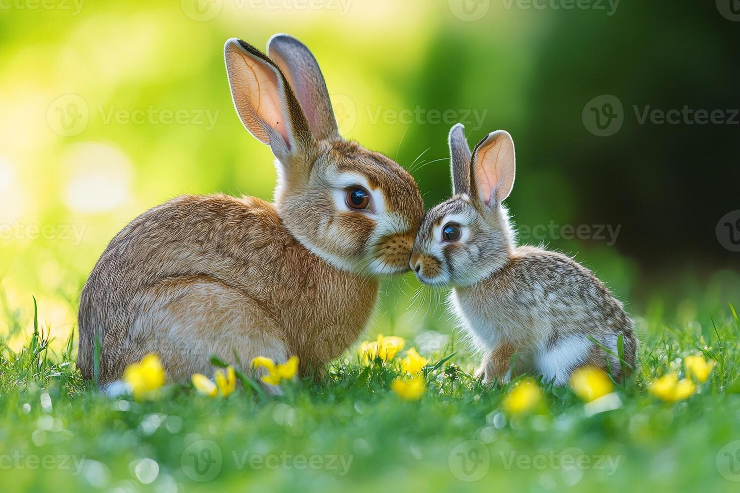 Two rabbits touching noses in a green meadow with yellow flowers photo