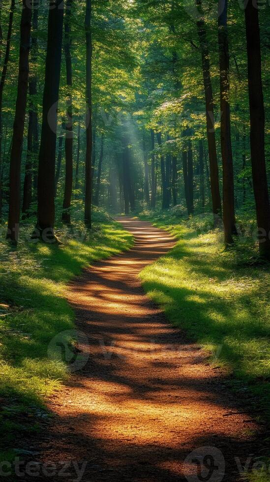 Sunbeams illuminating path through green forest in summer photo