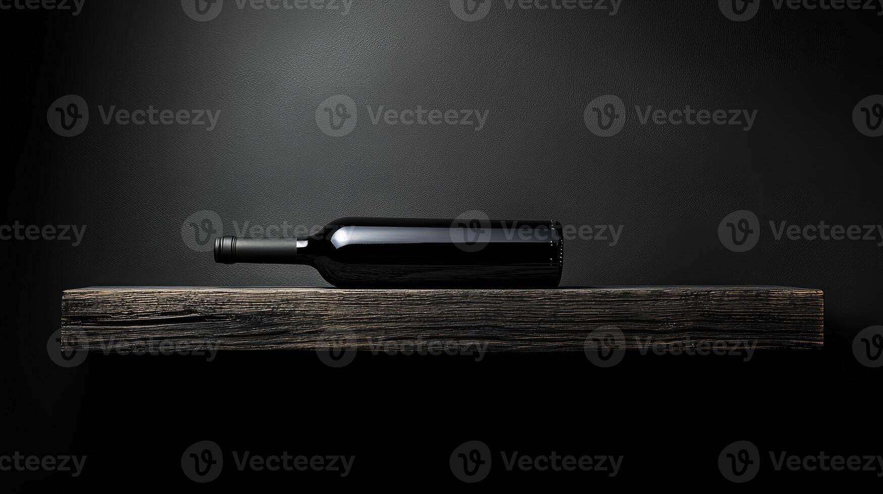 Elegant wine bottle resting on rustic wooden shelf in dark cellar photo