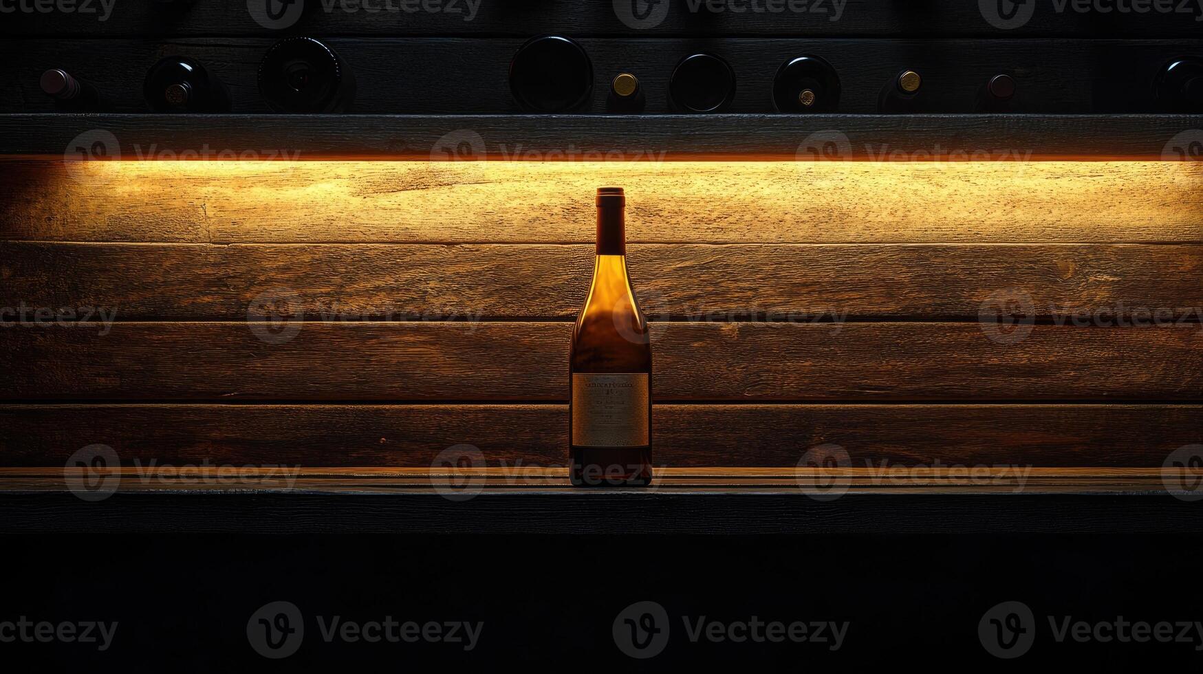 Wine bottle standing on shelf in rustic cellar with backlight photo