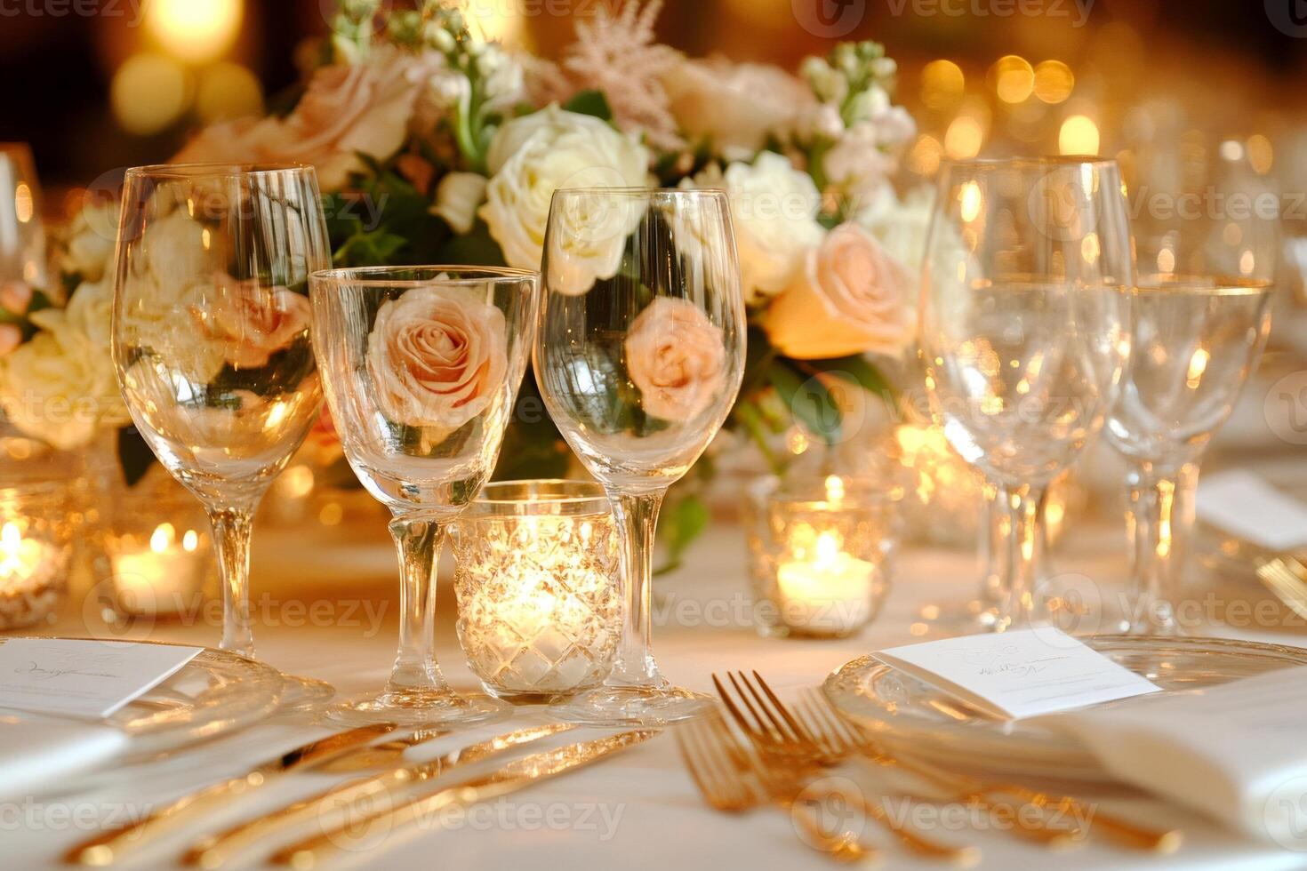 Elegant wedding table setting with roses and candles creating a romantic atmosphere photo