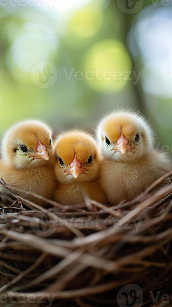 Three newborn chicks resting in a nest made of twigs photo