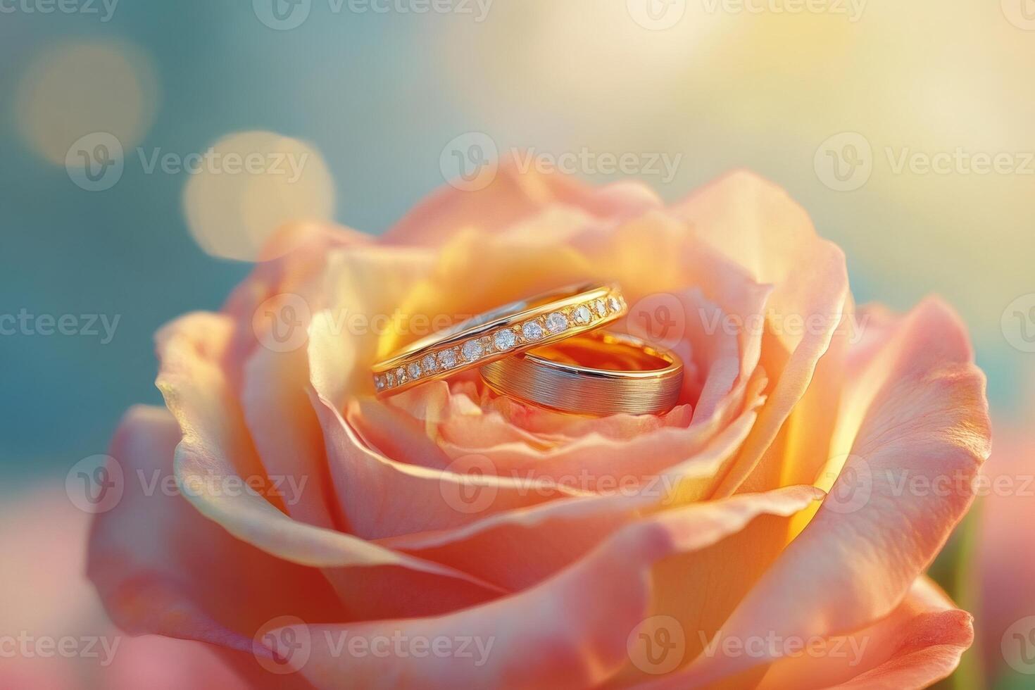 Wedding rings resting on a delicate rose illuminated by a warm light photo
