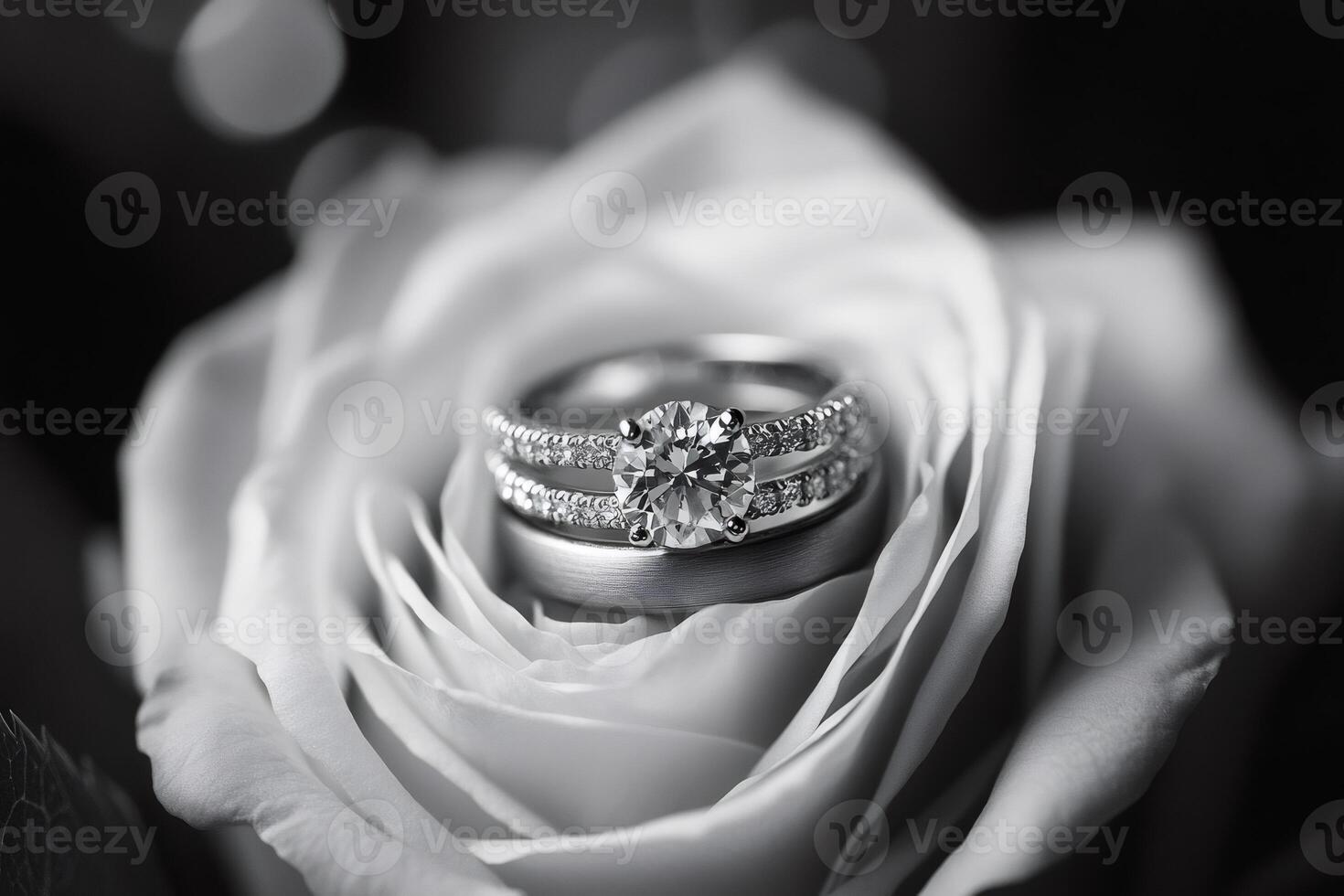Wedding rings resting on a delicate white rose in black and white photo