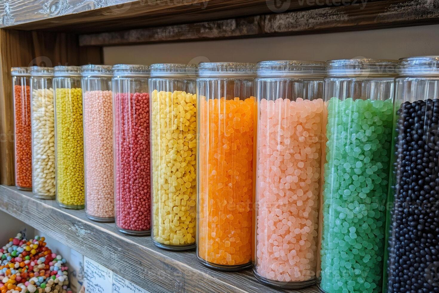 Colorful candies displayed in glass jars on wooden shelf filling frame photo