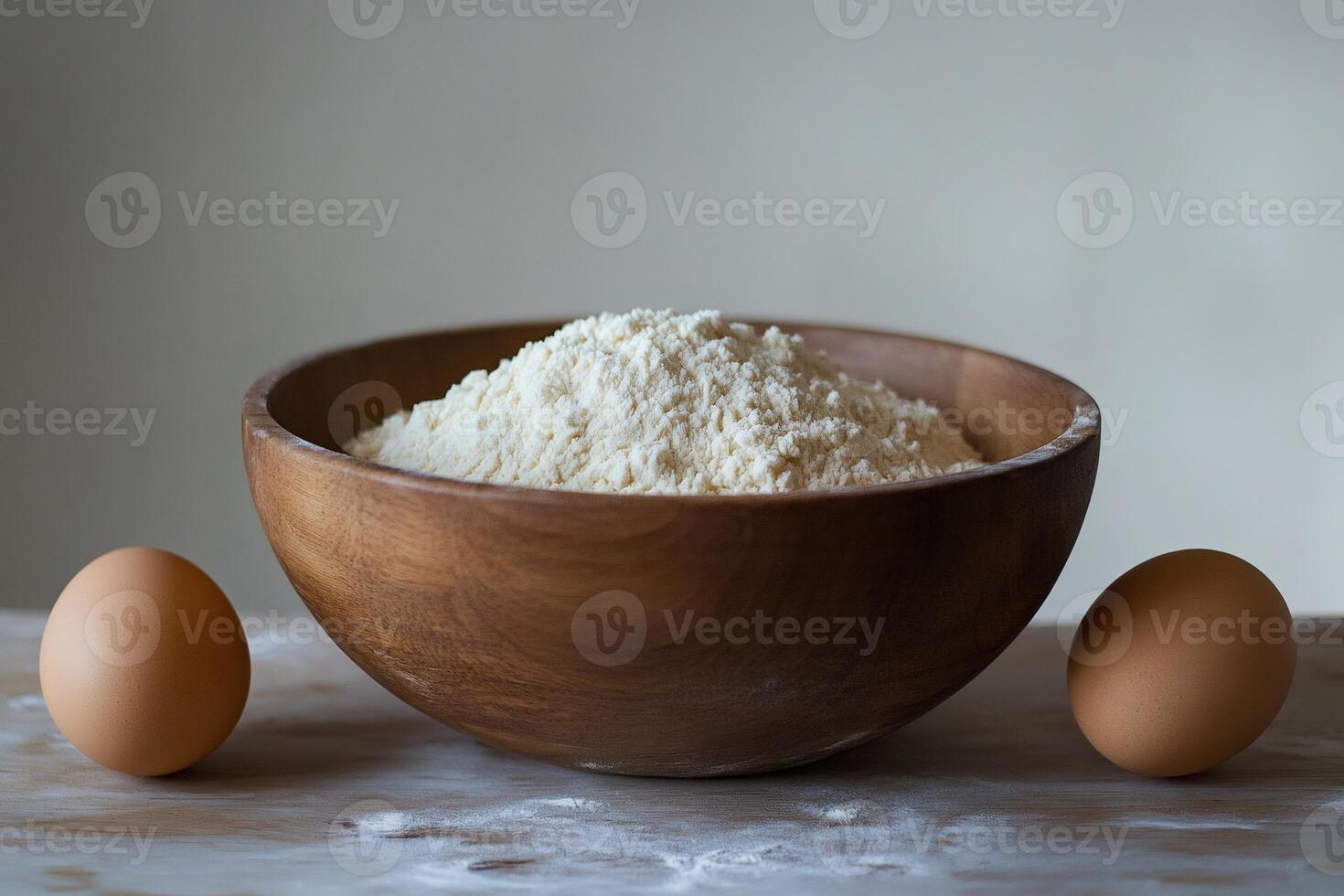 Wooden bowl overflowing with flour and two eggs ready for baking photo