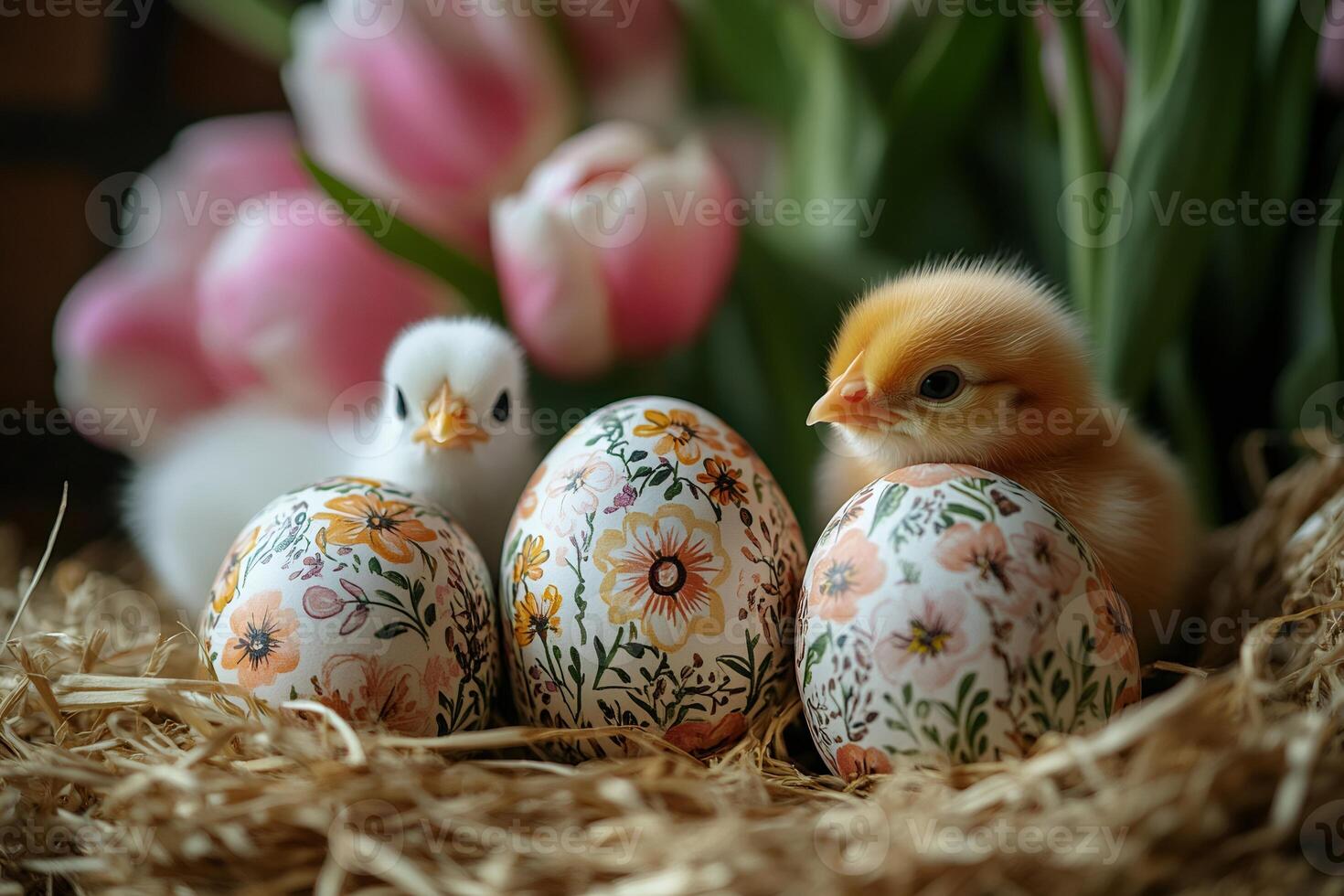 Colorful Easter Eggs with Adorable Chicks photo