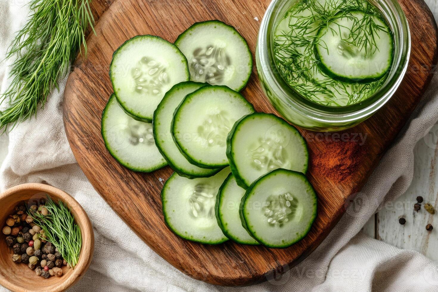 Sliced cucumbers and jar of pickled cucumbers resting on wooden cutting board photo