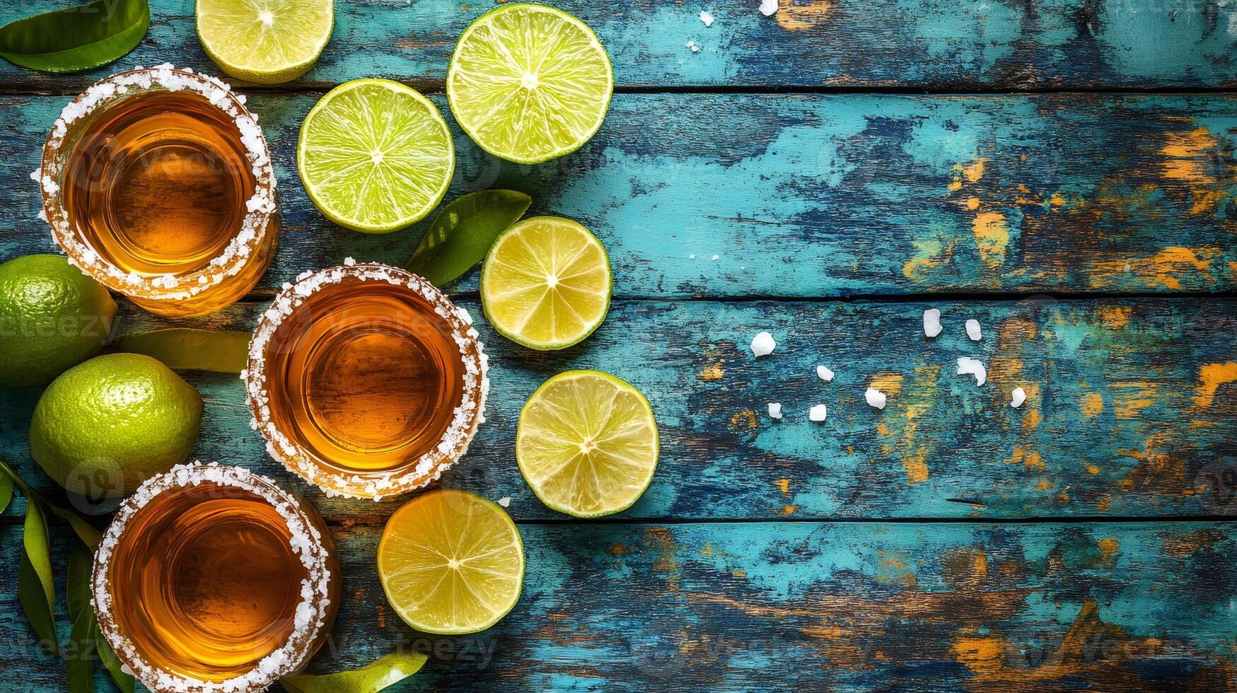 Golden tequila shots with lime slices and salt on rustic blue wood table photo