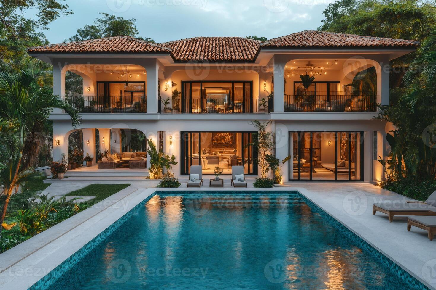 Luxurious tropical villa with swimming pool at sunset photo