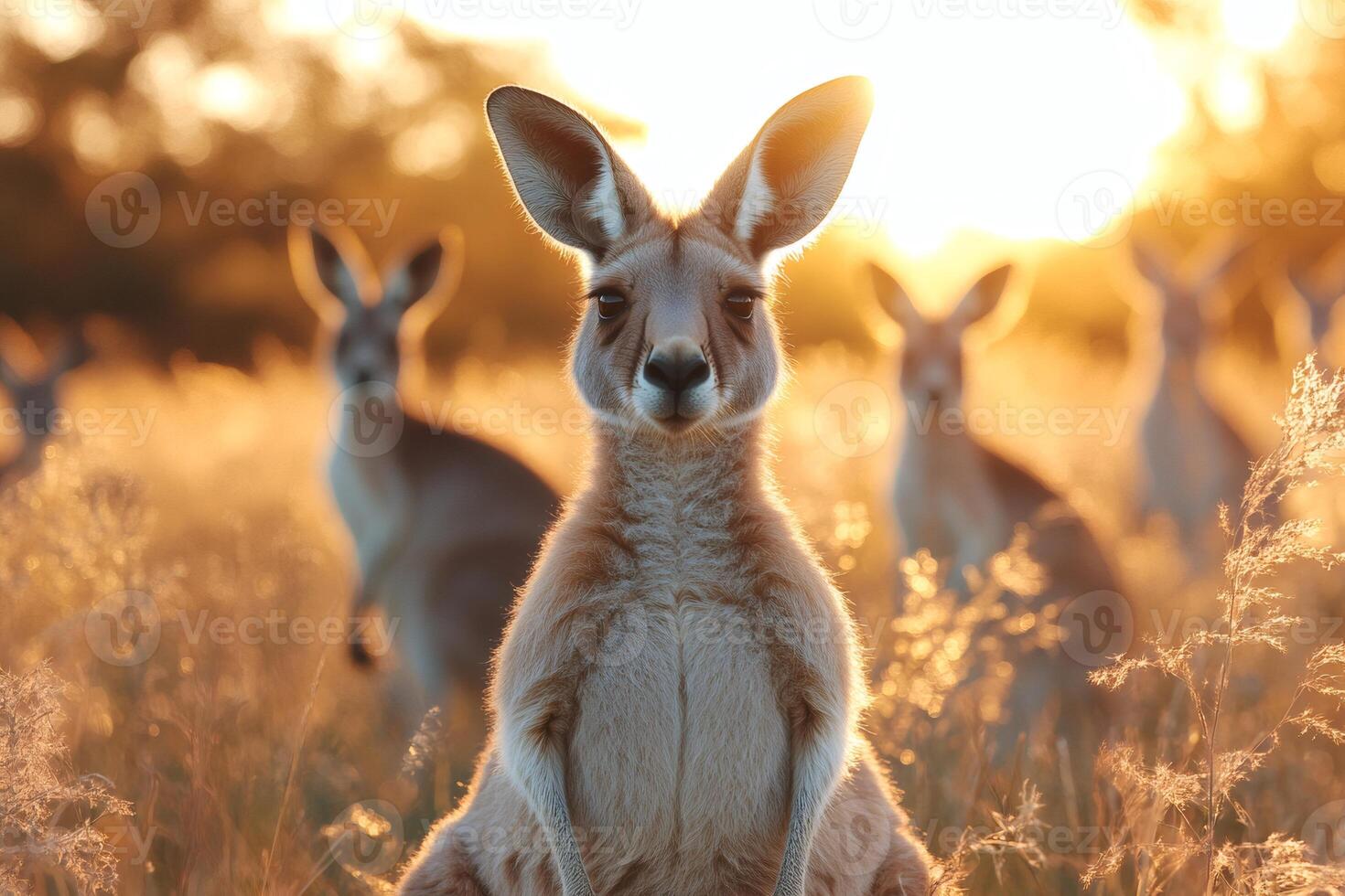 Kangaroo posing with family at sunset in Australia photo