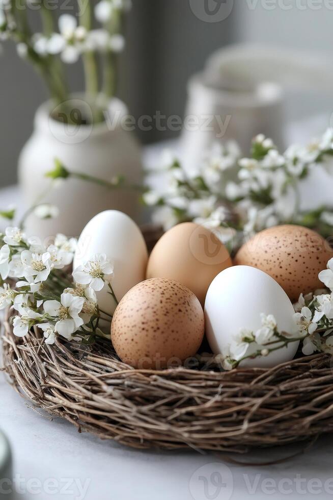 Easter eggs nestled in a bird's nest with spring flowers creating a festive centerpiece photo