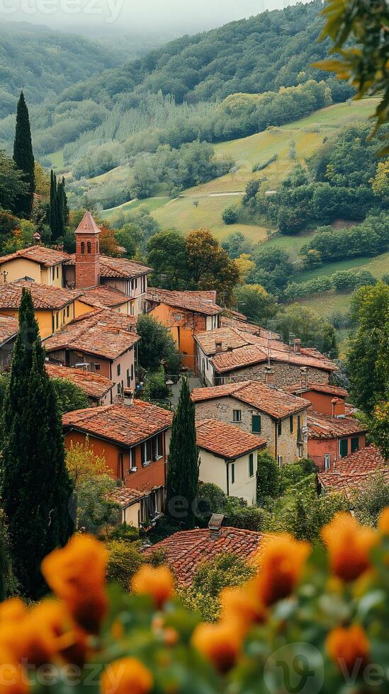 Picturesque Italian village with terracotta roofs nestled in a green valley photo