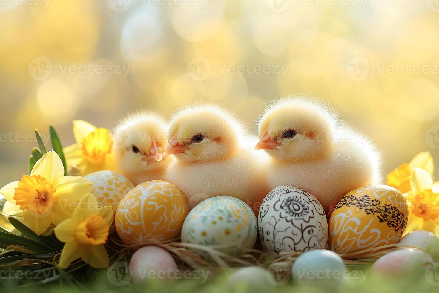 Three baby chicks sitting on colorful easter eggs and daffodils in a nest photo