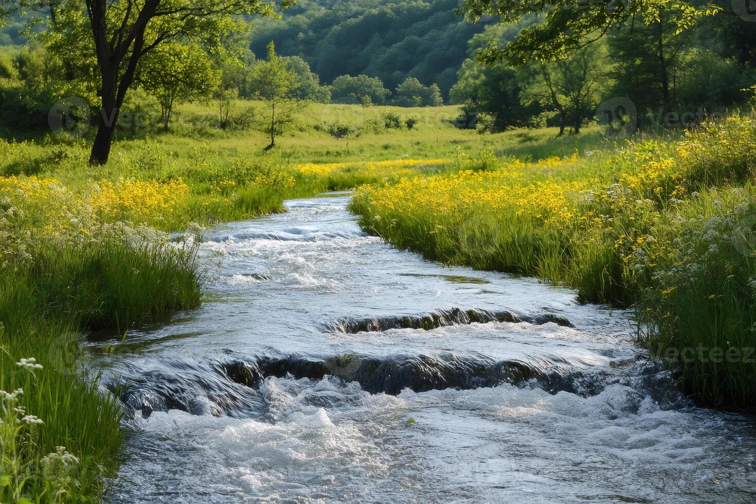Small river flowing through green meadow with yellow wildflowers photo