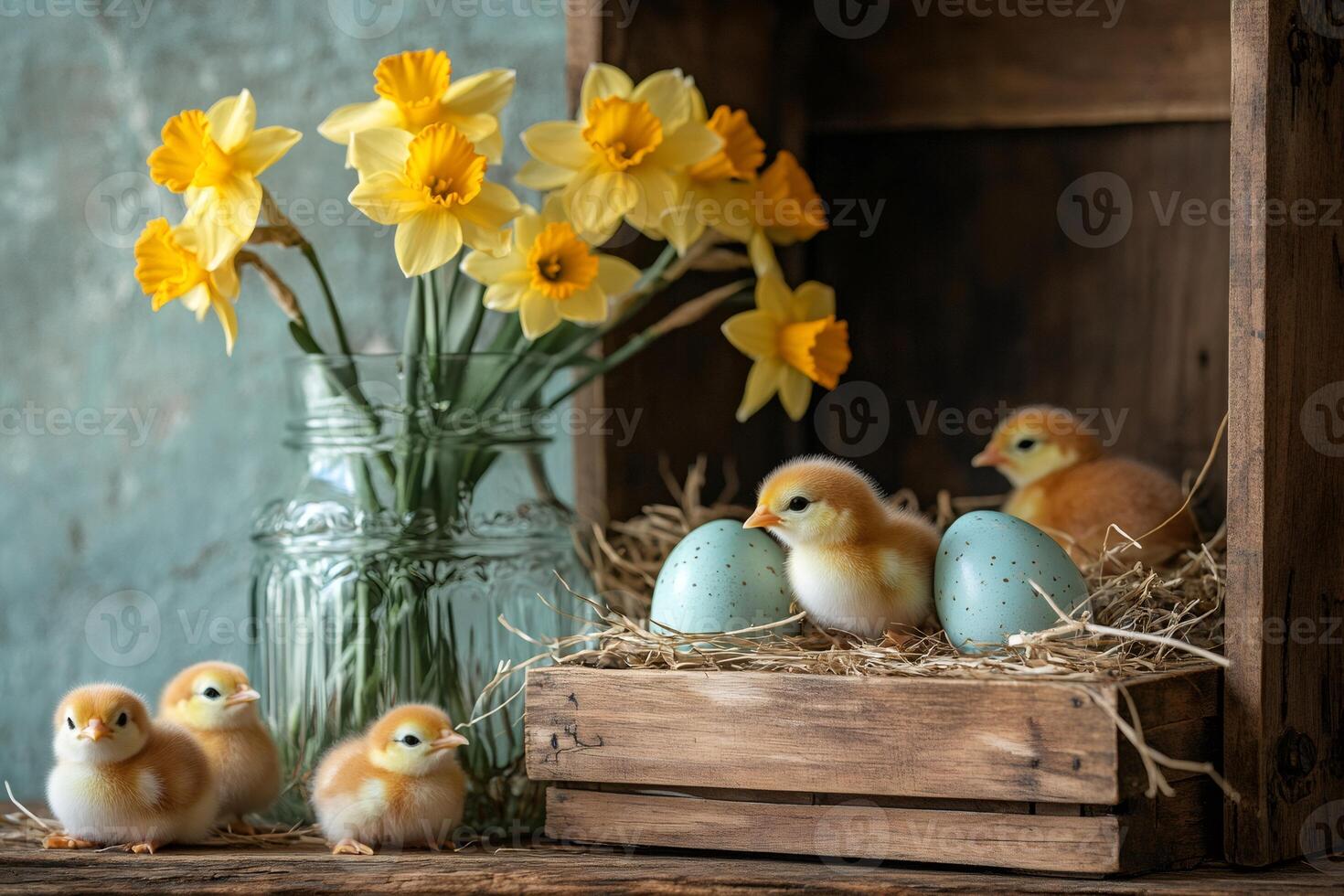 Adorable Chicks Nestled Among Spring Daffodils photo