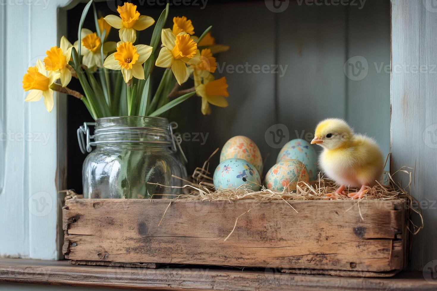 Vibrant Spring Scene with Daffodils and Chick photo