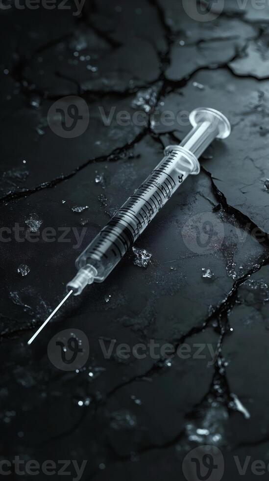 Syringe laying on cracked dark surface with ice shards photo