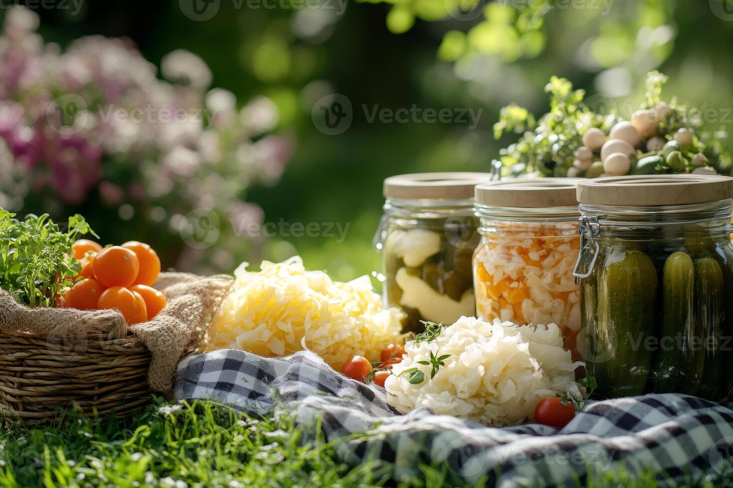 Homemade pickled vegetables and sauerkraut displayed on picnic blanket in garden photo
