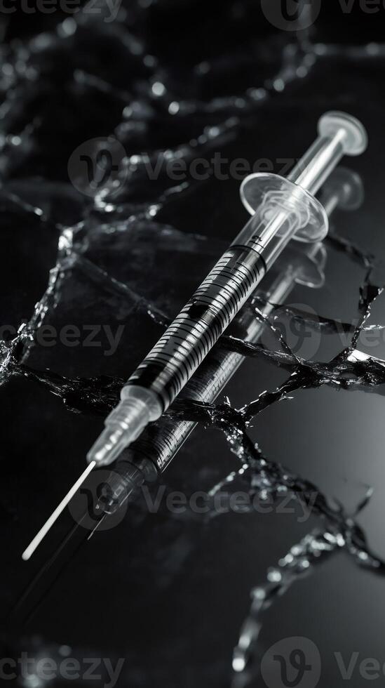 Syringe reflecting on broken glass with liquid spilling photo