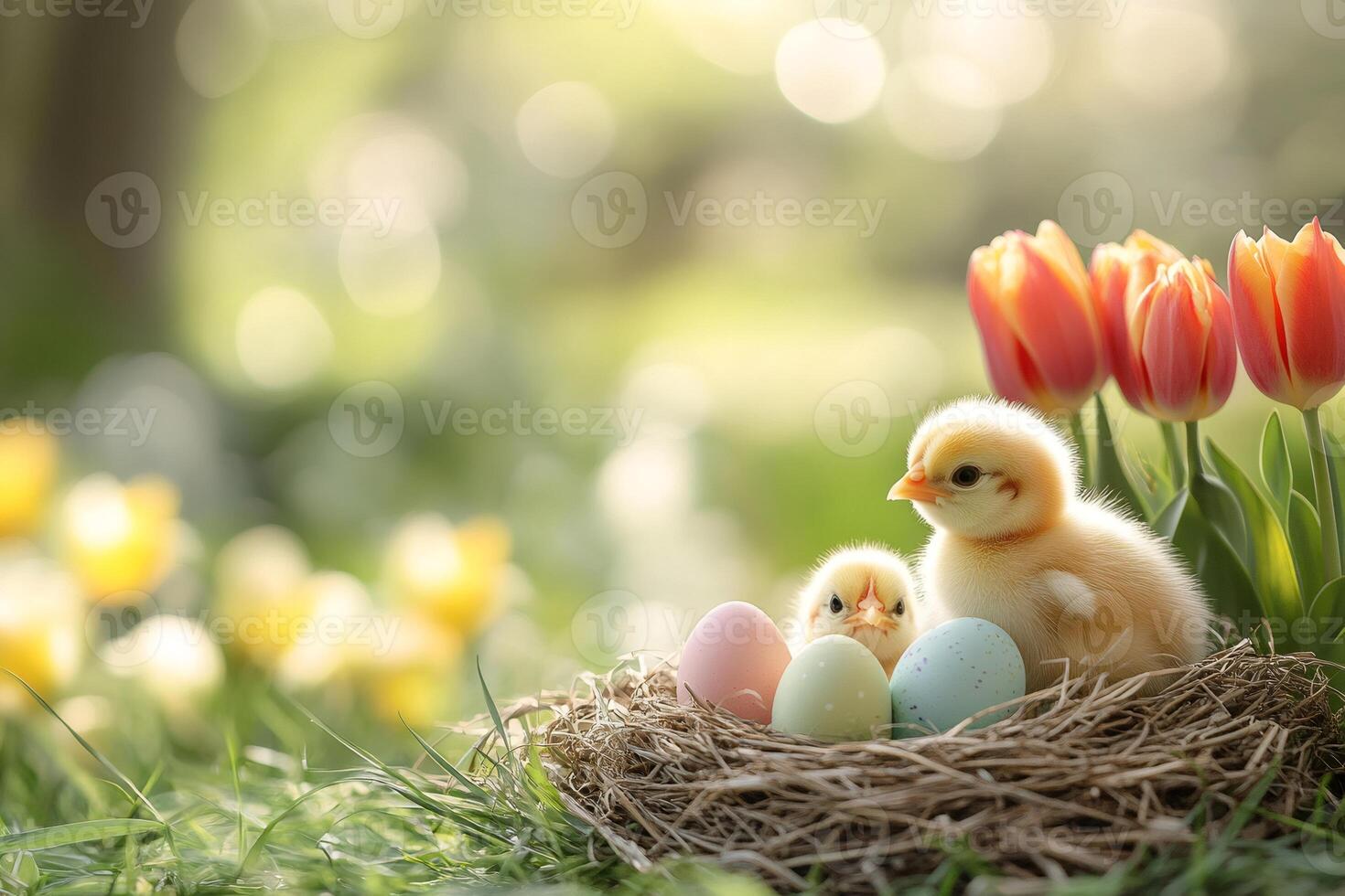 Two baby chicks sitting in nest with easter eggs and tulips in the background photo