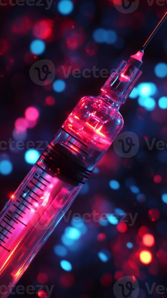 Syringe needle pointing up with red and blue bokeh background photo
