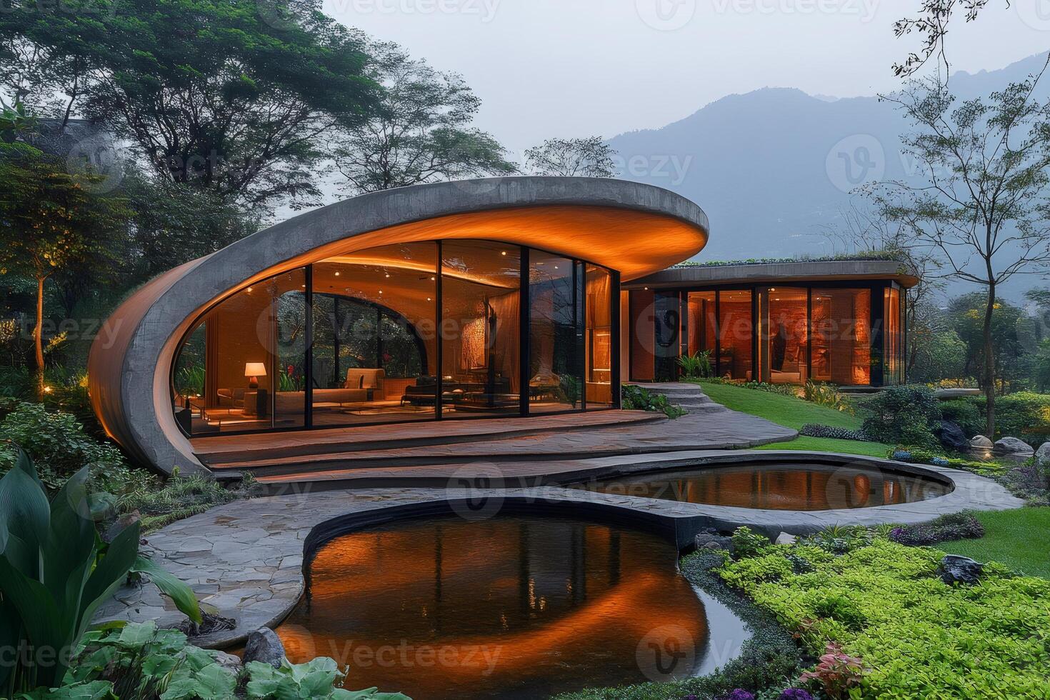 Futuristic concrete house illuminating garden ponds at twilight photo