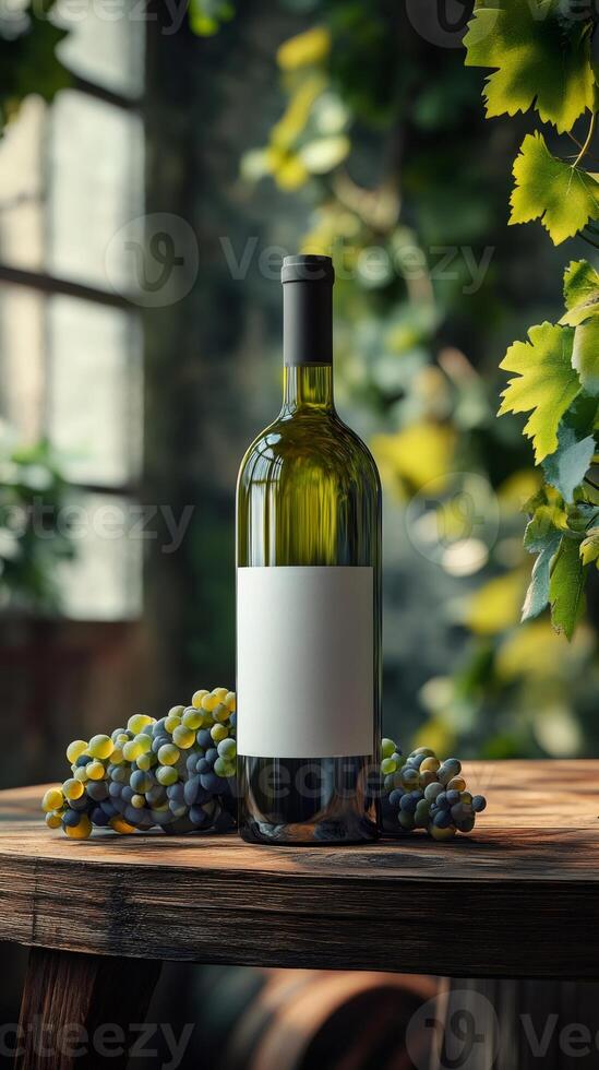 Bottle of white wine resting on wooden table with grapes photo
