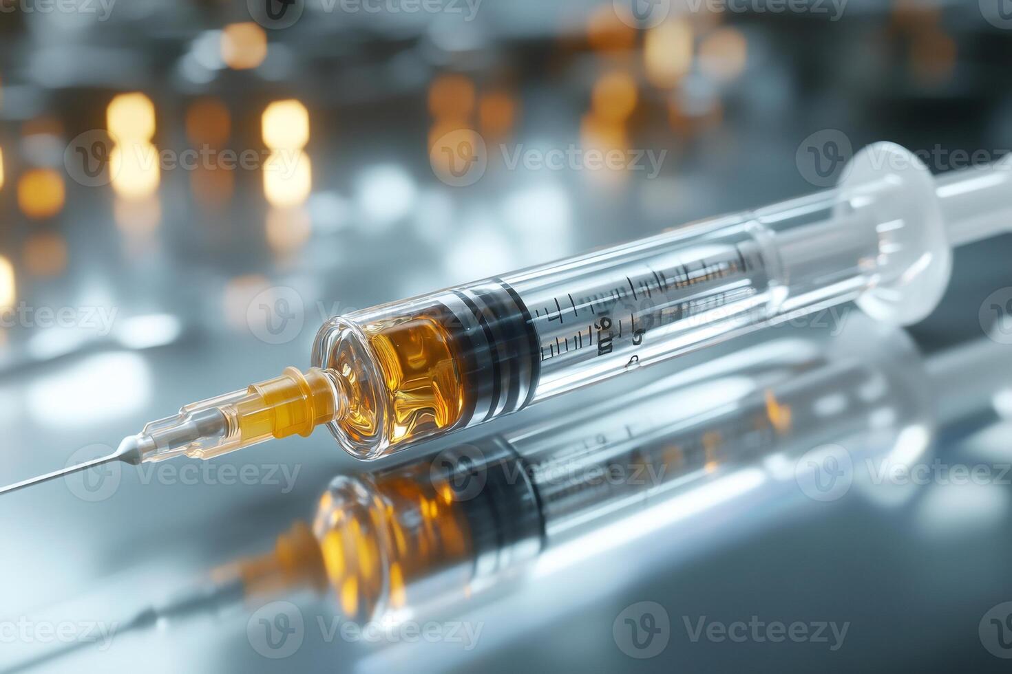 Syringe containing amber liquid resting on reflective surface in laboratory setting photo