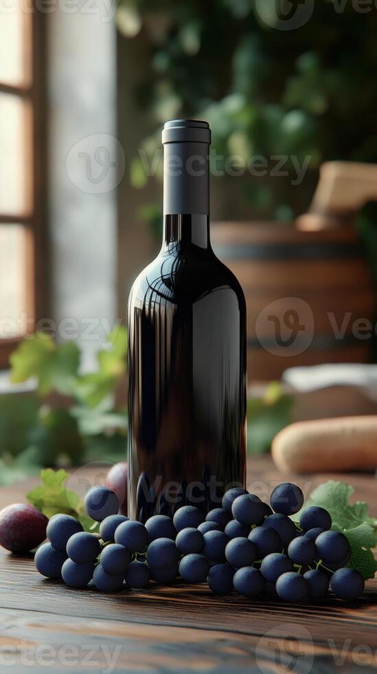 Bottle of red wine standing on wooden table with fresh grapes photo