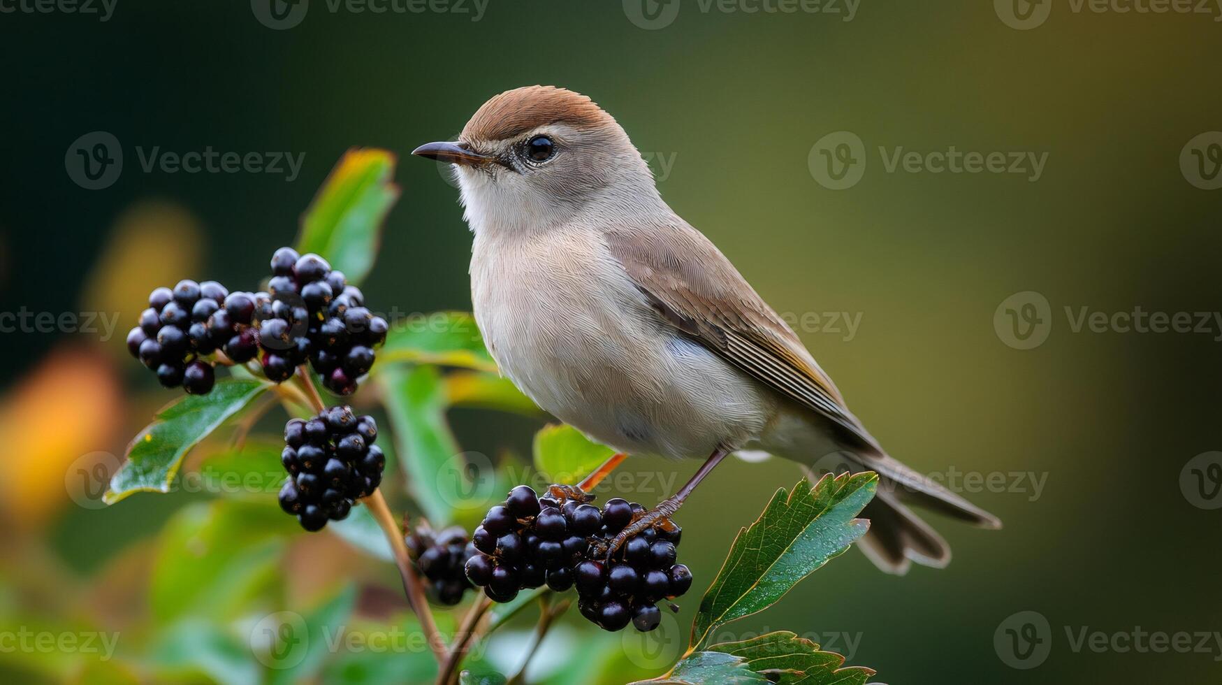 Common whitethroat perched on a branch with black berries photo