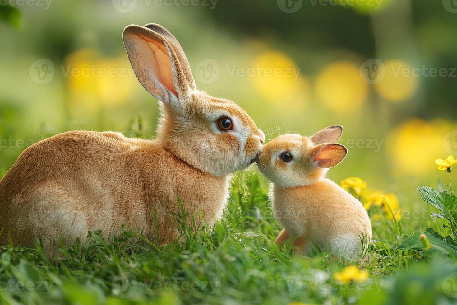 Mother rabbit kissing baby rabbit in green grass photo