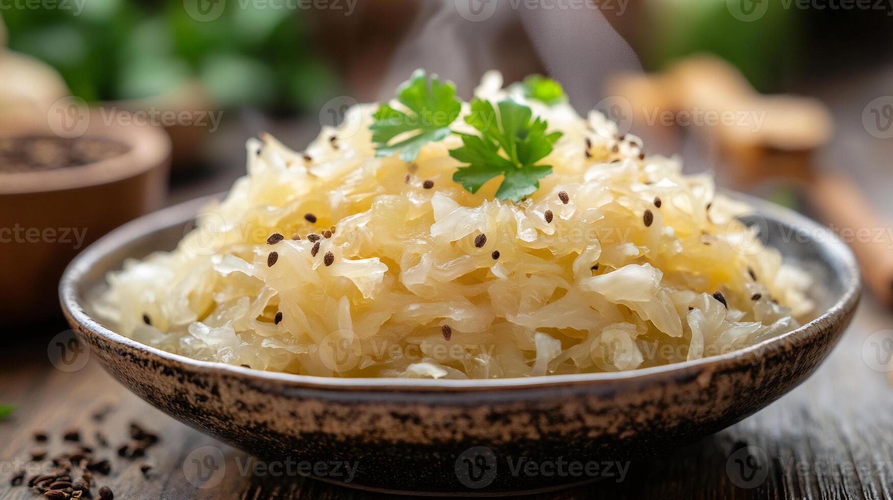 Steaming sauerkraut with caraway seeds and parsley in a bowl. photo