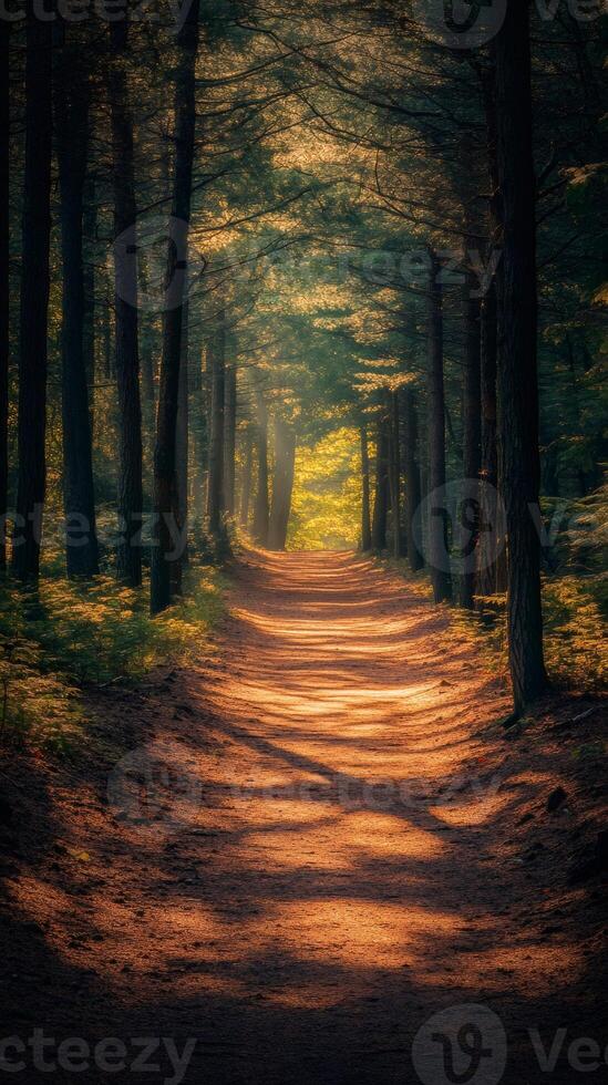 Sun shining on a path going through a forest photo