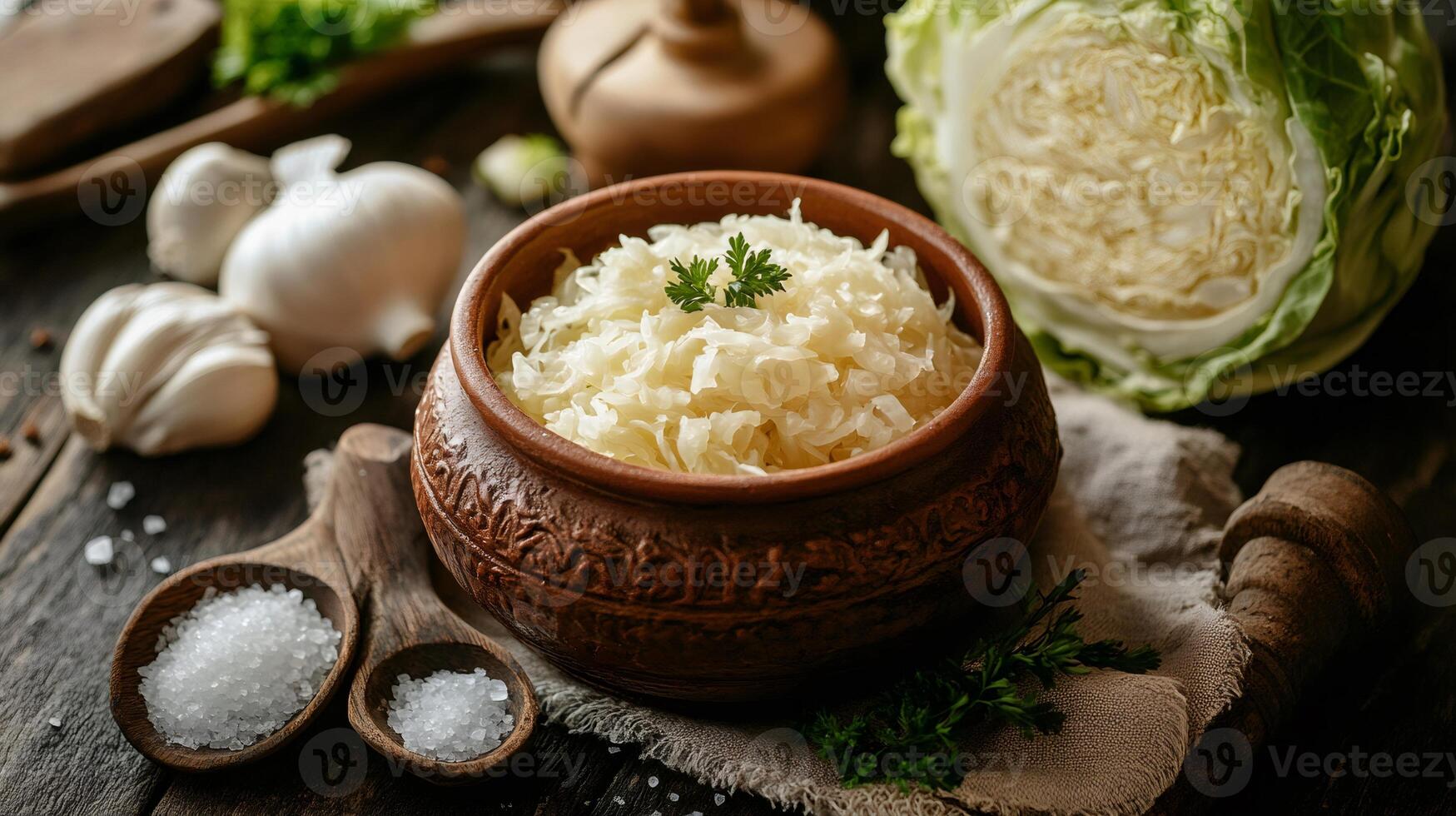 Homemade sauerkraut fermenting in rustic clay pot with garlic, salt and cabbage on wooden table photo